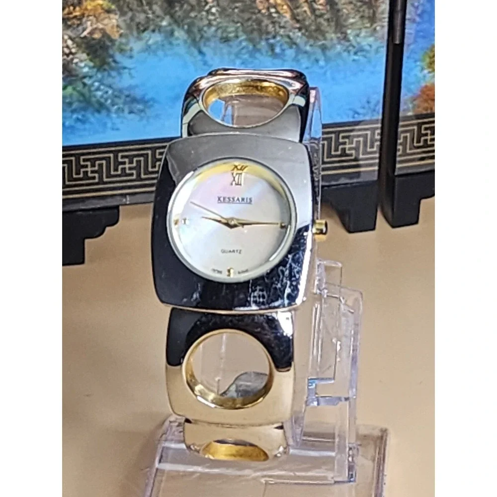 KESSARIS Mother Of Pearl Gold &‎ Silver Two Tone Cuff Bracelet Watch FREE SHIP